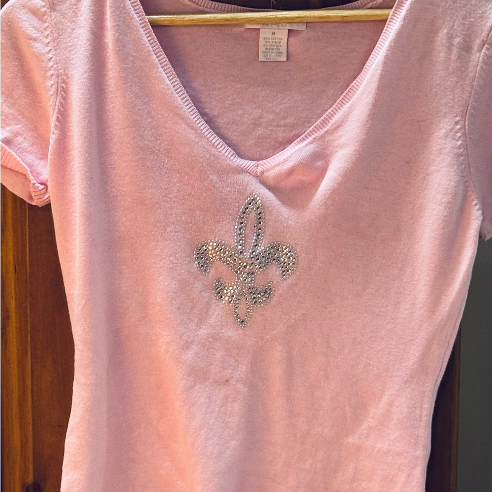 Pink V-Neck Top with Embellished Design